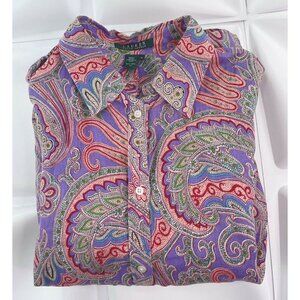 Lauren Ralph Lauren Womens Sz 1X Purple 100% Linen Paisley Print Button Up Shirt